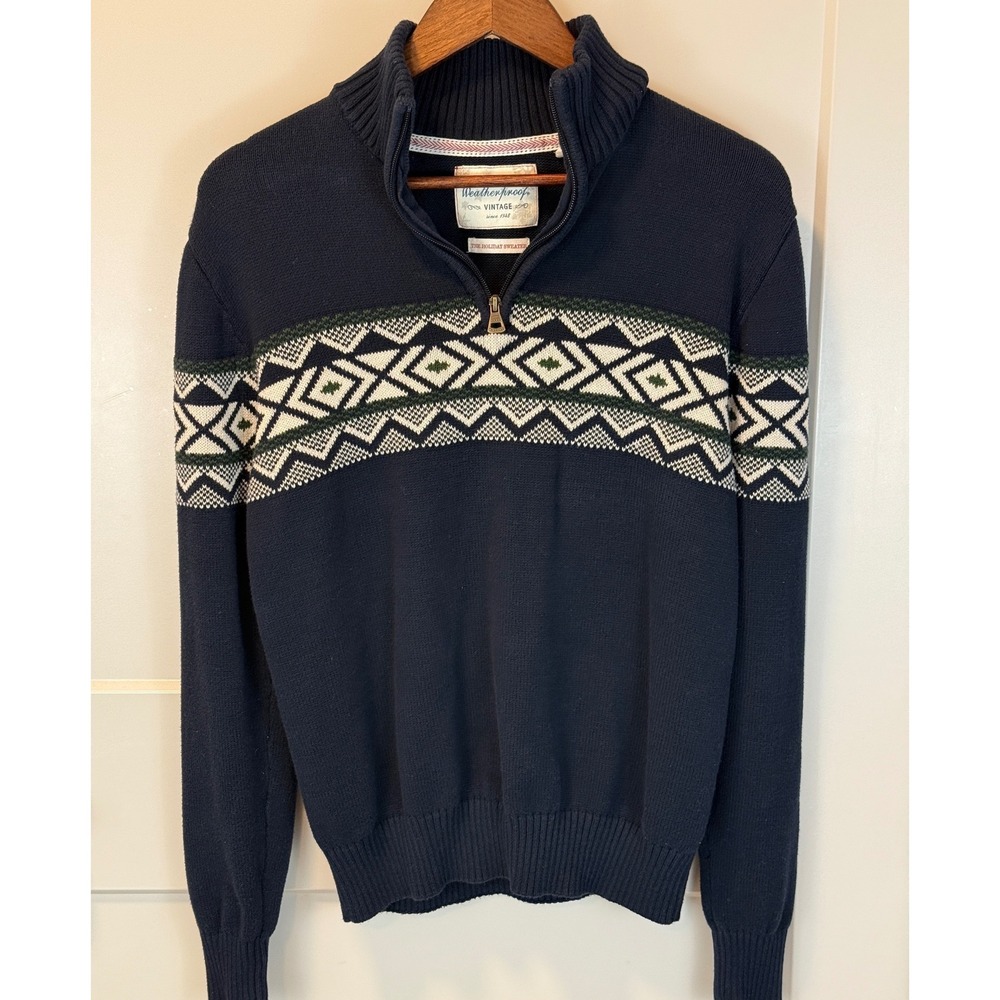 Weatherproof Vintage Men's Fair Isle Quarter Zip Sweater Navy Blue Size Small